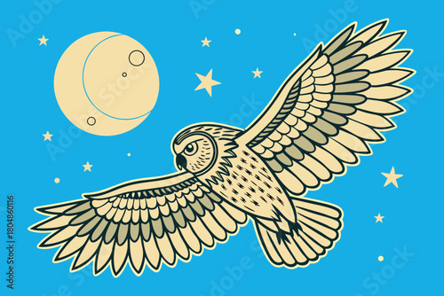 Whimsical illustration of a tawny owl in flight against a starry night sky with a pale moon