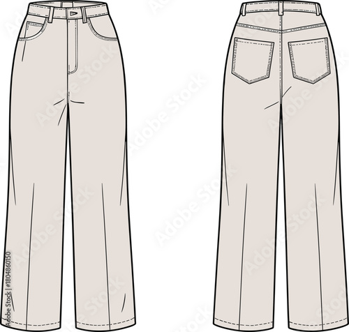 Pants technical sketch, front and back view, high waist, belt loops, patch pockets, straight leg, fashion flat drawing, garment design