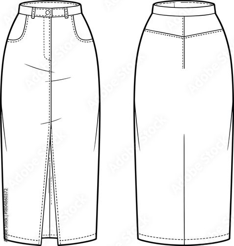 Pencil skirt technical sketch, front and back view, high waist, slit detail, fashion flat drawing, garment design, apparel template