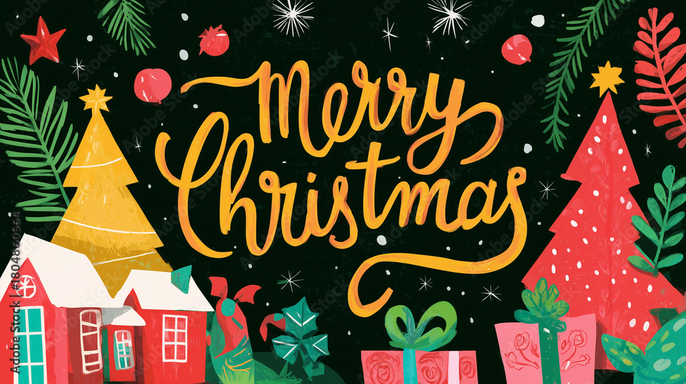 Fototapeta premium Whimsical winter holiday illustration showing a peaceful village covered in snow with a festive Christmas greeting, perfect for seasonal messages, cards and digital designs