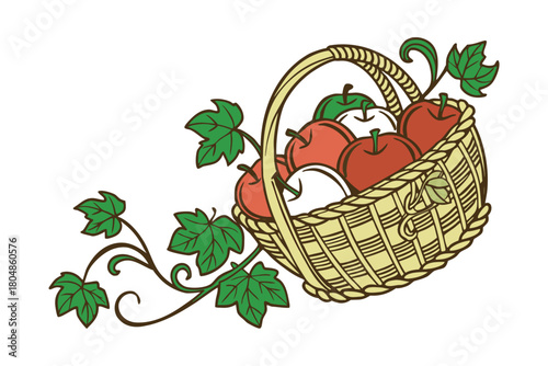 Woven basket overflowing with ripe red and green apples and green leaves on a white background