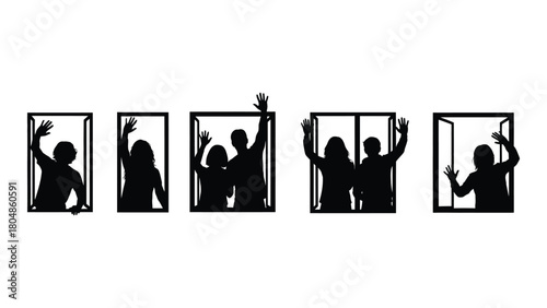 People waving from windows silhouette isolated on white background, Vector
