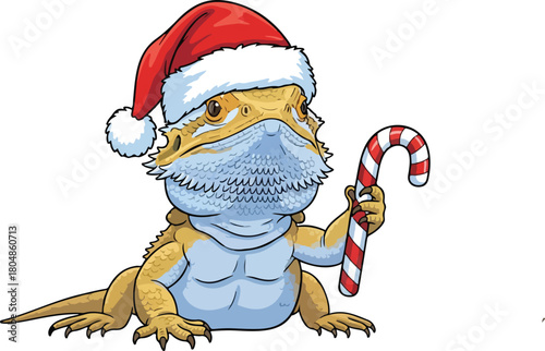 Cute Bearded Dragon Lizard Wearing Santa Hat and Holding a Candy Cane - Christmas Mascot