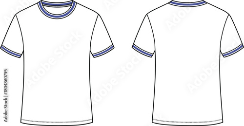 Plain white t shirt, round neck fashion top, striped collar detail, casual short sleeve clothing, unisex apparel, blank garment design