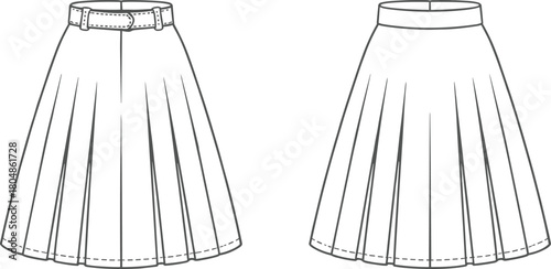 Pleated skirt technical sketch, front view comparison, waistband with belt, plain waistband, fashion flat drawing, garment design template