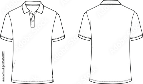 Polo short sleeve shirt, three button placket design, ribbed cuff fashion sketch, casual blank apparel, garment construction, clothing flat illustration