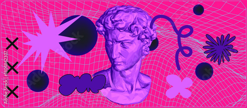 Bust statue made of wireframe in retrowave and Y2K style surrounded by geometric shapes on a neon pink background. Vector illustration for topics related to technology and internet identity.