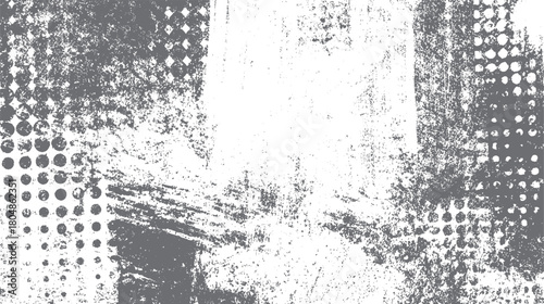 Abstract distressed grunge background with halftone dots and rough textures in shades of grey and white