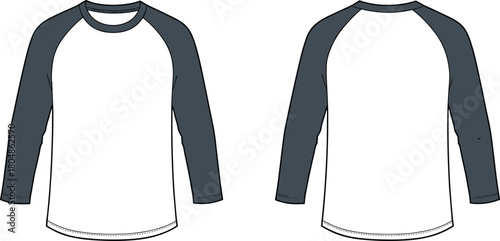 Raglan three quarter sleeve shirt, two tone fashion design, sporty casual apparel, contrast sleeve template, garment construction, clothing flat, textile illustration