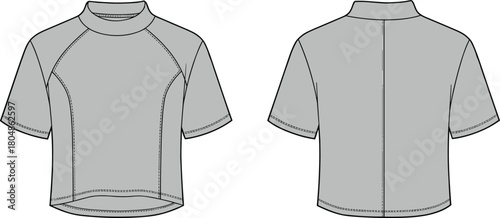 Short sleeve athletic top technical flat sketch, mock neck with raglan sleeves, fitted sportswear design, front and back apparel illustration template