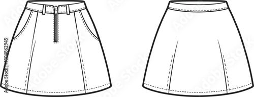 Skirt technical sketch, front and back view, zipper closure, belt loops, side pockets, seam detail, fashion flat drawing, garment design