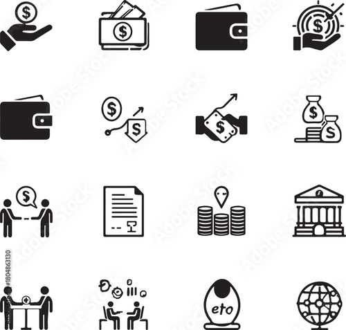 Finance icon set. With Concepts like Profit, Losses, Stock, Tax, Exchange, Budget, Funds, Earnings, Money and Revenue icons.
