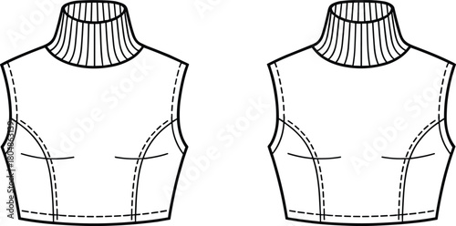 Sleeveless cropped top illustration, technical fashion sketch, ribbed turtleneck collar design, fitted garment drawing, princess seam detail, apparel construction template