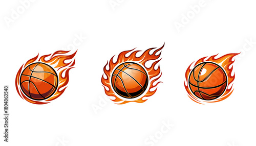 Fiery Basketballs - A Trio of Flaming Sports Icons on White.