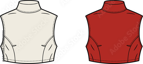 Sleeveless top technical sketch, high neckline, curved seams, bust darts, color variation, fashion flat drawing, garment design template