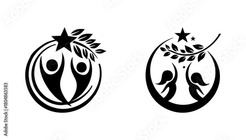 Illustrations of people reaching for a star within a circular frame.