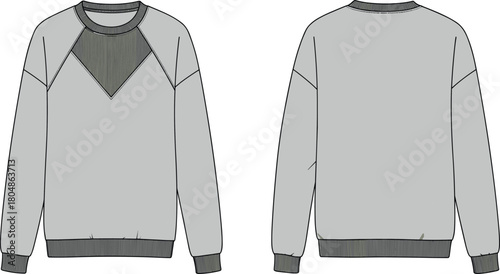Sweatshirt flat sketch, long sleeve fashion design, ribbed crew neckline, chest panel detail, casual blank apparel, garment construction, clothing template illustration