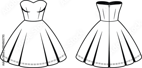 Strapless dress technical sketch, sweetheart neckline, pleated skirt, zipper closure, front and back view, fashion flat drawing, garment design