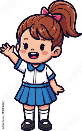 Cute cartoon schoolgirl with ponytail waving happily in blue uniform, cheerful child character illustration for education, kids learning artwork
