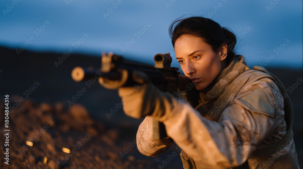 Fototapeta premium A servicewoman training on a shooting range at dusk, her focused stance illuminated by fading orange light as spent casings fall at her feet — combat readiness, high-pressure skill building, and