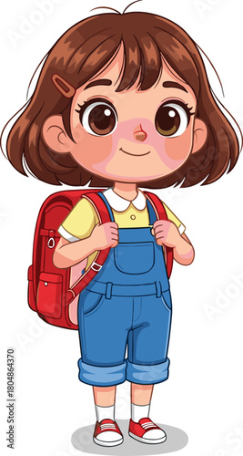 Cute cartoon schoolgirl wearing blue overalls and red backpack, smiling child character illustration perfect for education, learning and kids projects