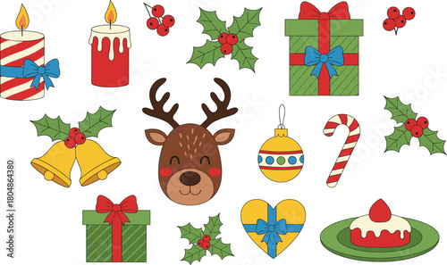Cute Christmas vector set with reindeer, holly leaves, candles, candy cane, ornaments, gifts and festive holiday season decoration elements