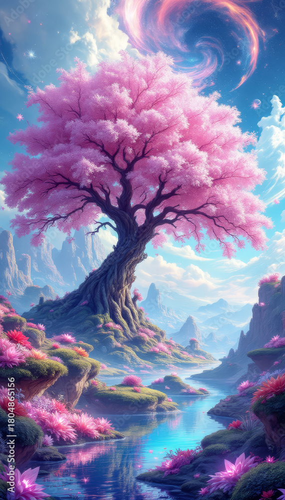 Obraz premium Enchanting dreamscape with a vibrant pink tree shimmering water and fantastical glowing flora.