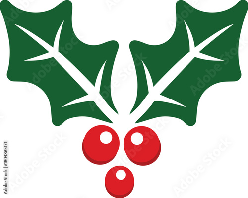 A simple Christmas graphic featuring three green holly leaves with three bright red berries. This clean festive motif is ideal for holiday cards, borders, decorations, and seasonal design elements.