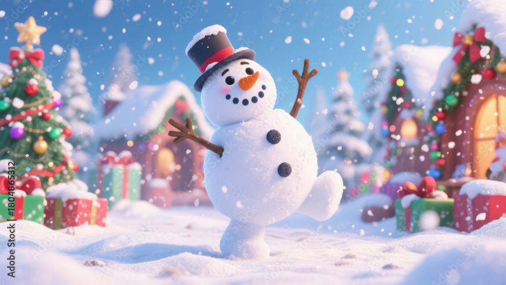 Fototapeta premium Joyful snowman in a snowy village surrounded by festive decorations and falling snow.