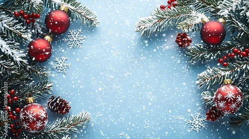 Blue background framed by snowy evergreens and elegant holiday ornaments photo