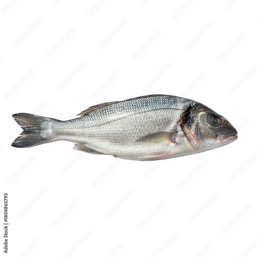 Fototapeta premium Whole Raw Sea Bream Fish Isolated on Black Background Reflecting Light Food Ingredient Marine Cuisine Raw Seafood Aquatic Animal