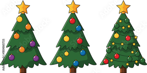 Decorated Christmas tree vector set with colorful ornaments, garlands and shining star toppers for festive winter holiday illustrations