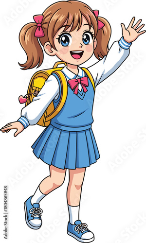 Cute cheerful anime-style schoolgirl waving happily with blue uniform, bright backpack, smiling child character illustration perfect for education and kids content