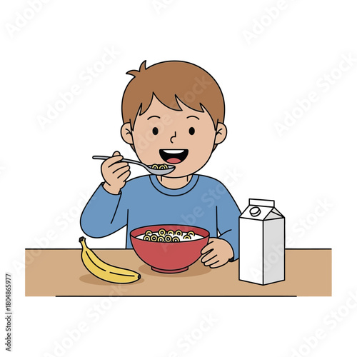 Young boy happily eating a bowl of cereal with milk and a banana.