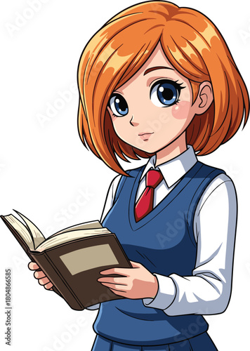 Smart focused anime schoolgirl reading a book in uniform, educational student character illustration for learning, study, classroom, and academic content
