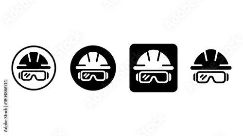 Industrial safety helmet and goggles icon set representing essential personal protective equipment for workplace protection and compliance concepts.