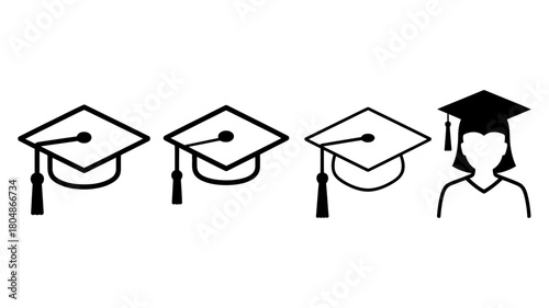 Graduation caps and graduate icon set vector illustration: symbolizing academic success, higher education, learning, student achievement, and completion.