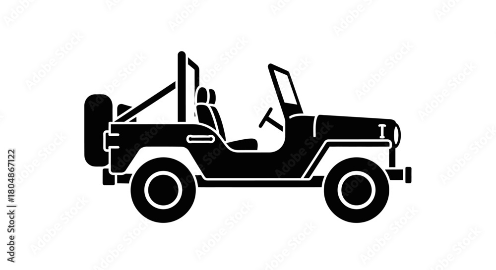 Fototapeta premium Black silhouette of a classic off-road vehicle, showcasing its rugged design and open-air features.