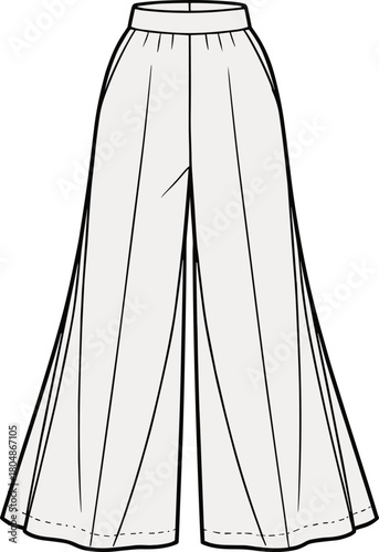 Wide leg pants illustration, technical fashion sketch, high waist design, flared trouser silhouette, structured garment drawing, apparel construction template, clothing design artwork