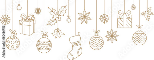 Elegant Christmas hanging ornaments line art vector set with holly leaves, snowflakes, gift boxes, stockings and festive holiday decorations