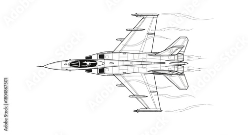 Detailed line drawing of a fighter jet in flight, viewed from above.