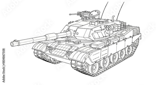 A detailed line drawing of a modern main battle tank, showcasing its intricate design and components.
