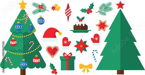 Flat Christmas tree and holiday element vector set with ornaments, poinsettia, candy canes, Santa hat, gifts and festive decorations