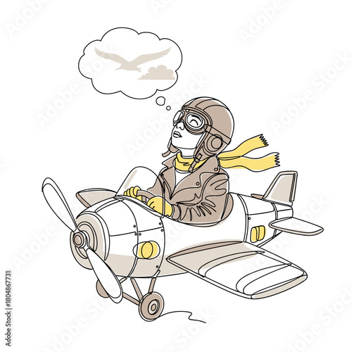 young aviator in biplane daydreaming about a bird for travel blogs, adventure websites, and children's book illustrations