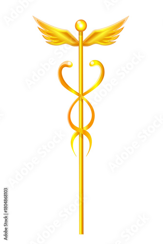 Golden caduceus of Hermes, Mercury. Symbol of trading and commerce. Winged staff with snakes