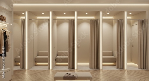 Modern minimalist interior design of a clothing store fitting room with bench seat