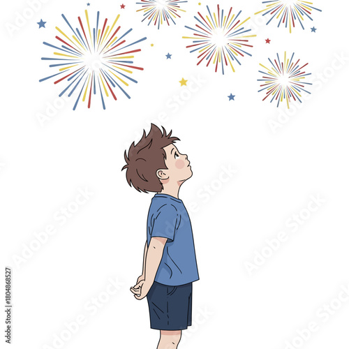 Young boy with spiky hair watching a colorful fireworks display.