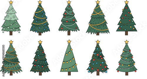 Hand-drawn decorated Christmas tree vector set with colorful ornaments, lights and star toppers for festive winter holiday illustration designs