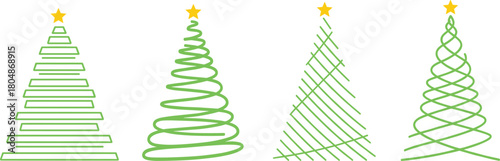 Minimal line art Christmas tree vector set with abstract green spiral shapes and star toppers for modern holiday design projects