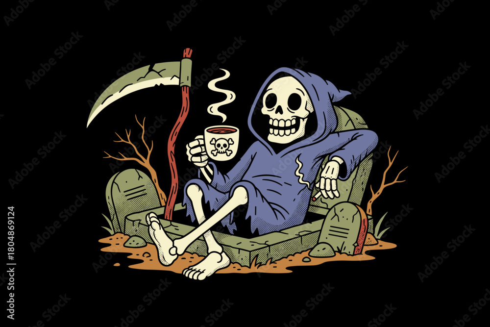 Fototapeta premium Grim Reaper Relaxing with Coffee in Graveyard.